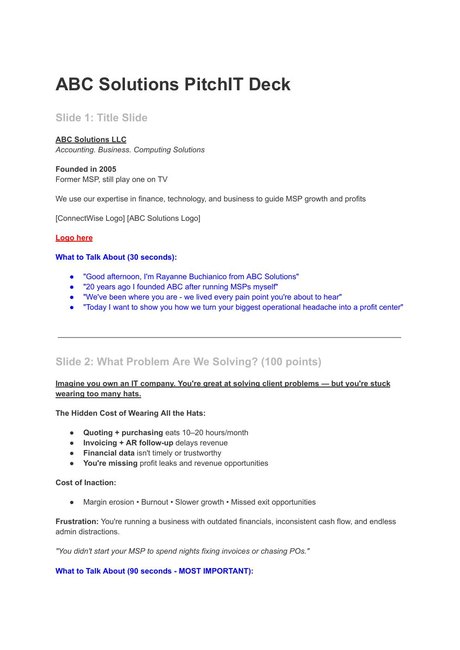 The original pitch document, title and talking points in plain text
