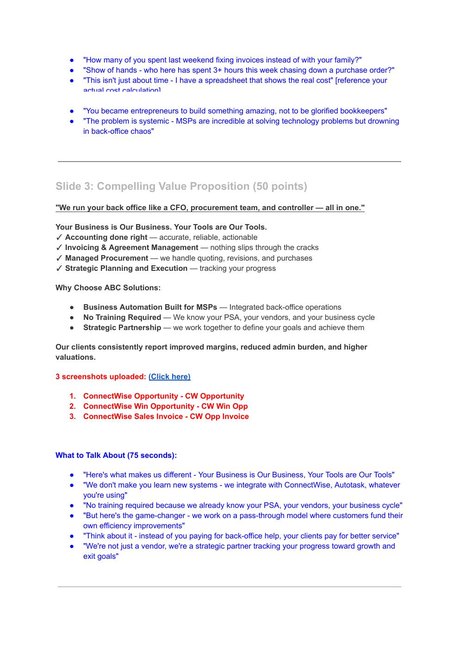 The value-proposition document, dense bullet points