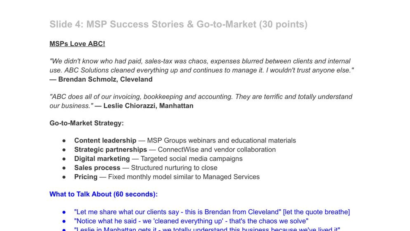 The success-stories section as plain text in the Google Doc