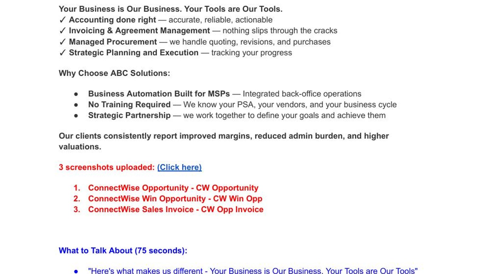 The value-proposition section as plain text in the Google Doc
