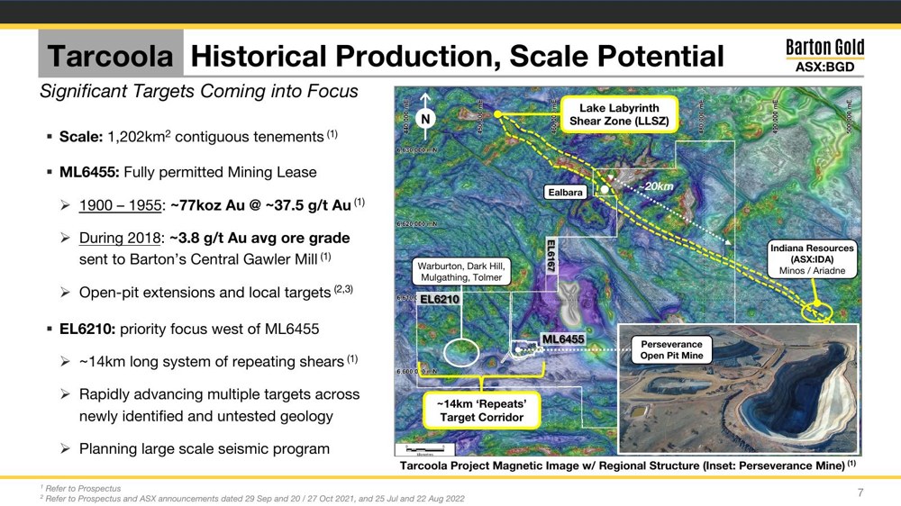 Original Barton Gold project slide, boxed-in with dense maps and text