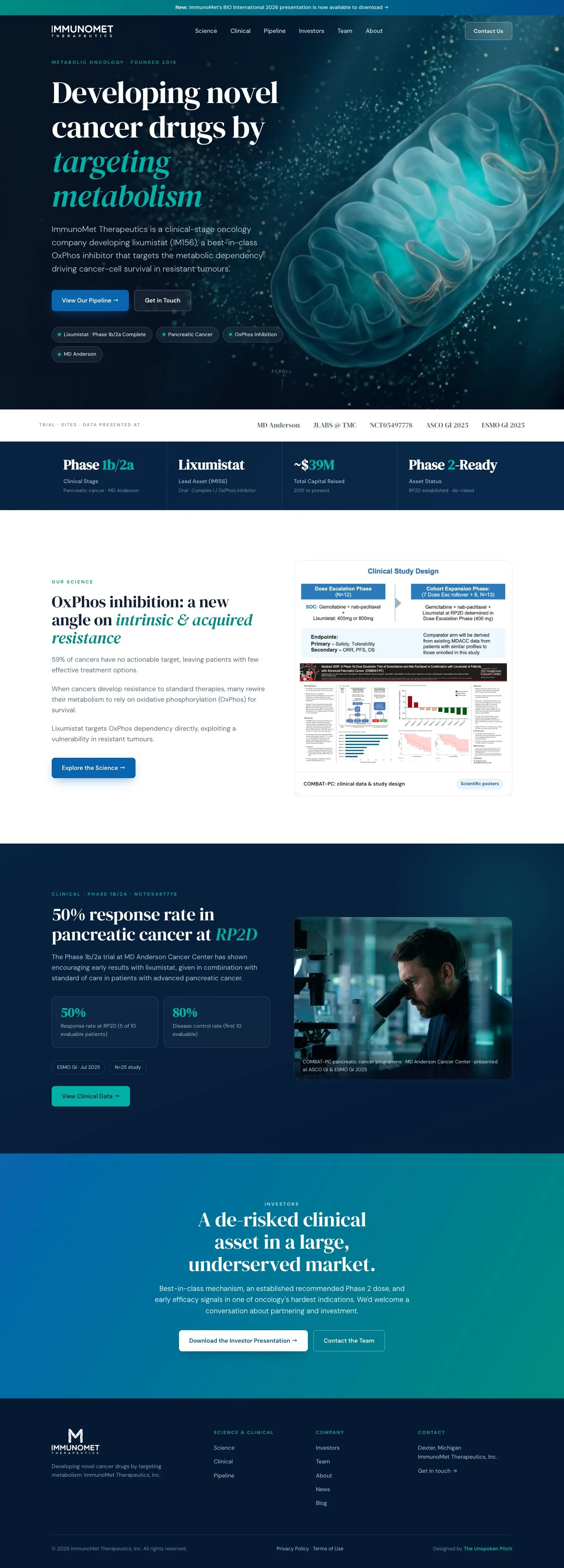 ImmunoMet Therapeutics homepage, from the opening headline to the footer