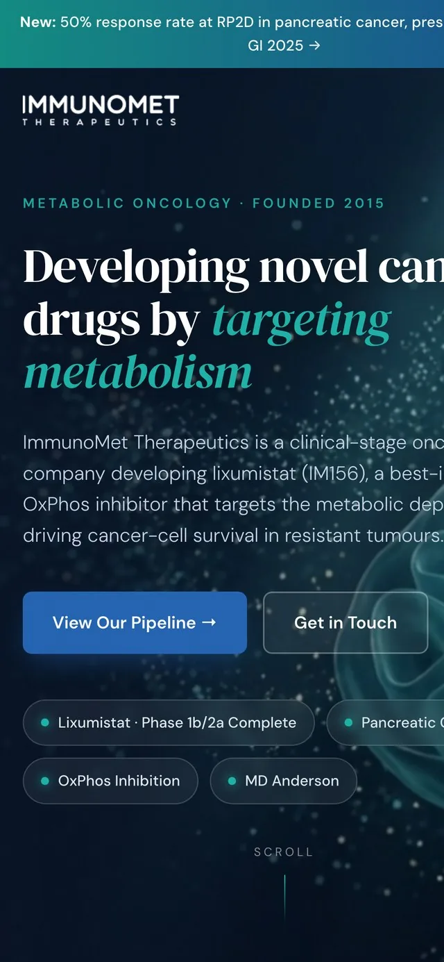 ImmunoMet homepage on mobile