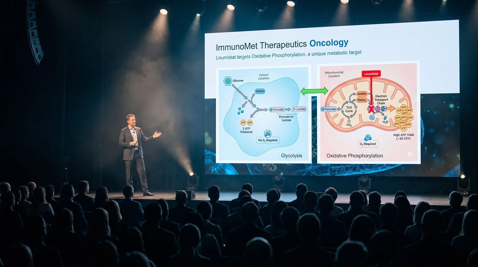 A presenter delivering the ImmunoMet oncology slide to a full investor audience at a biotech conference