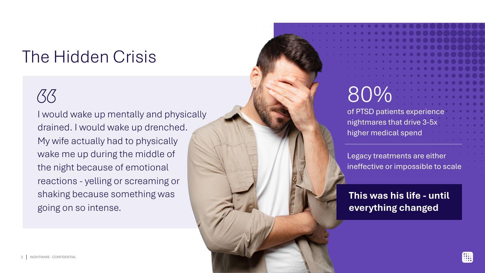 Redesigned hidden-crisis slide, dark and human with a real face and one stat