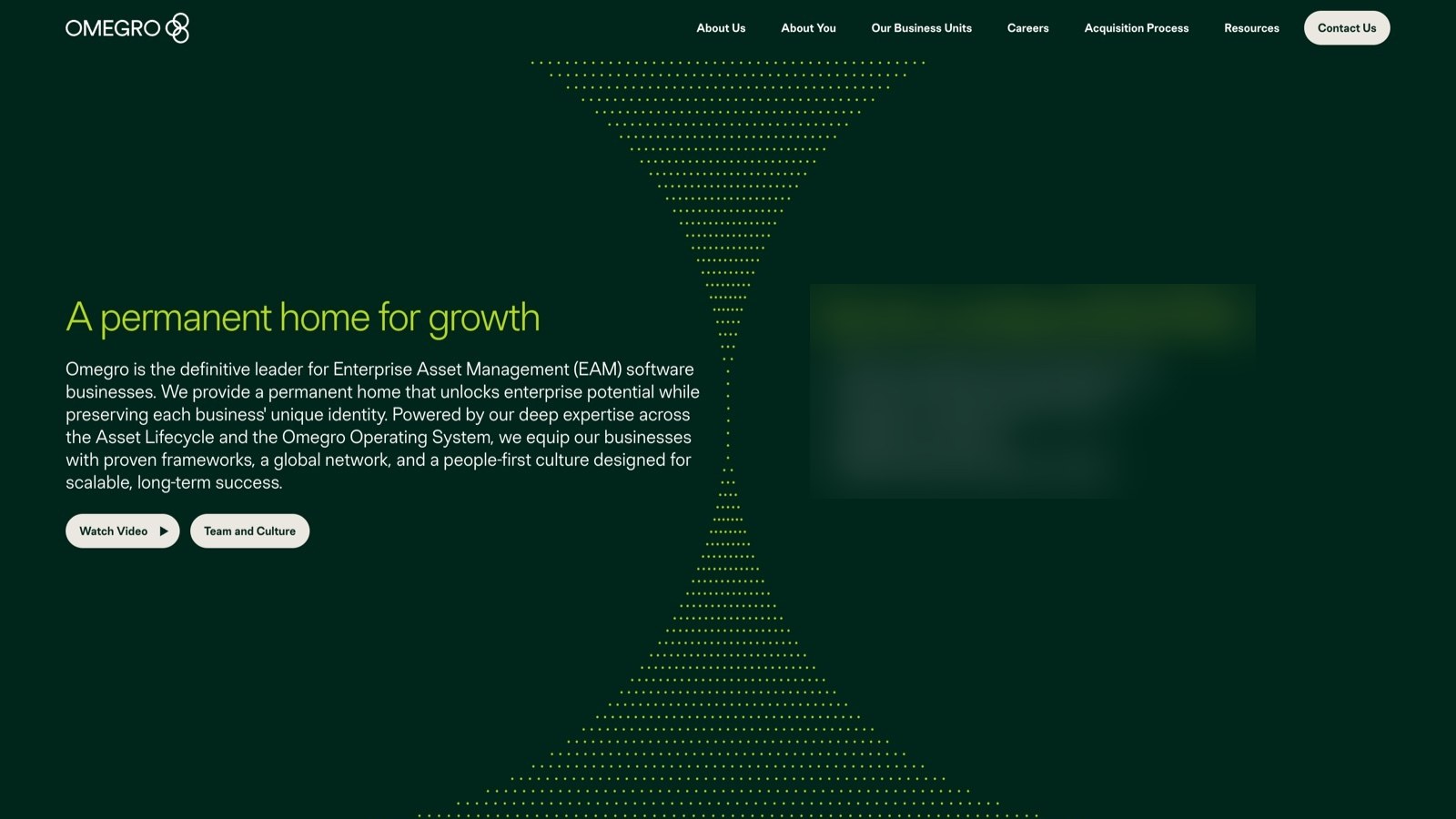 Omegro's earlier homepage hero, with the dotted hourglass and a column of statistics