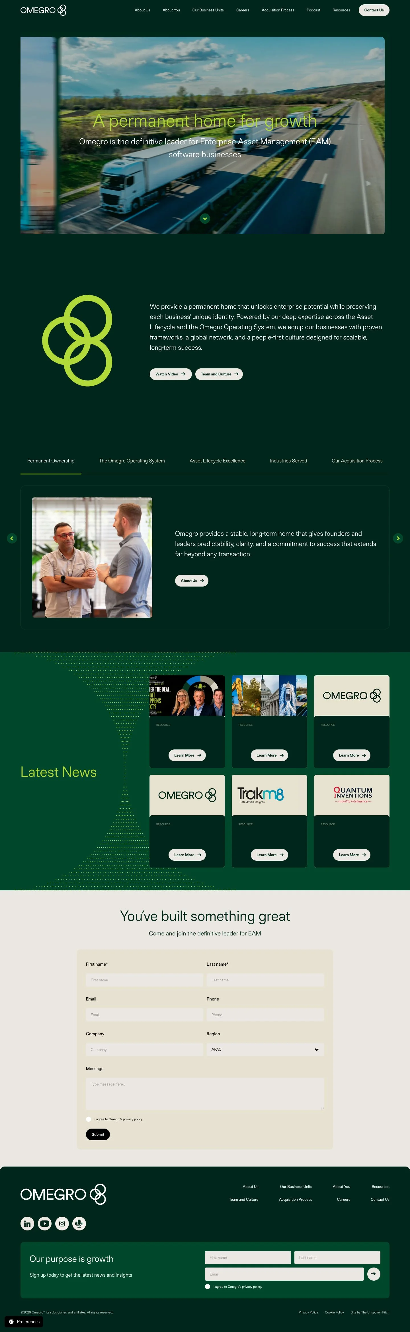 Omegro homepage, from the opening headline to the footer